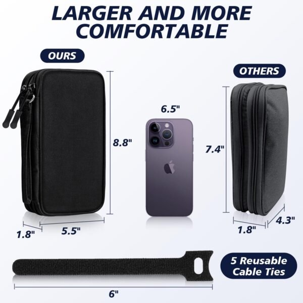 Electronics Organizer Travel Case, Travel Accessories Essentials for Men Women, Cord Organizer Travel Tech Pouch, Waterproof Double Layers Storage Bag for Cable, Charger, Phone, Earphone, Black - Image 3