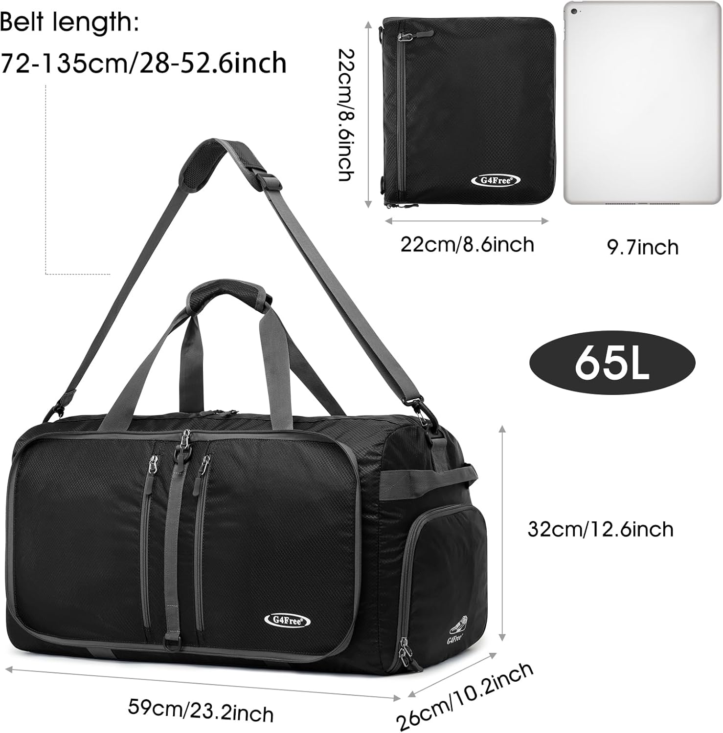 G4Free 40L/65L Foldable Duffel Bag, Water-Repellent Travel Backpack, Lightweight Carry Bag for Overnight Weekender Sports Men Women - Image 4