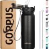GOPPUS 20oz Insulated Stainless Steel Water Bottle with Straw Lid Reusable Leakproof Water Flask, Keeps Hot and Cold Sports Canteen Water Bottles for Kids Men Women Gym （Black 1 Lid）