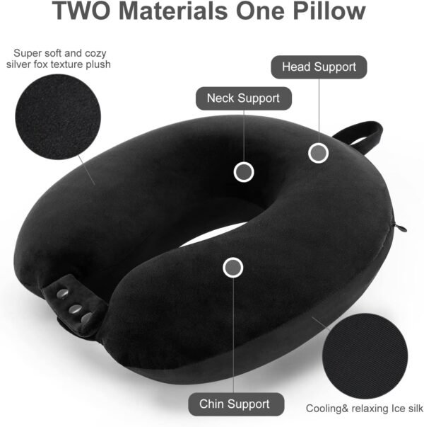 Travel Neck Pillow, Best Memory Foam Airplane Pillow for Head Support Soft Adjustable Pillow for Plane, Car & Home Recliner Use (Black) - Image 2