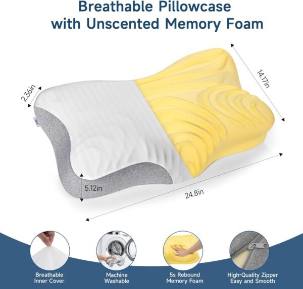 Pillow for Neck Pain Relief, Cervical Neck Pillow, Ergonomic Contour Memory Foam Pillow with Cooling Pillowcase, Orthopedic Neck Support Pillow for Side, Back, and Stomach Sleepers(White) - Image 6
