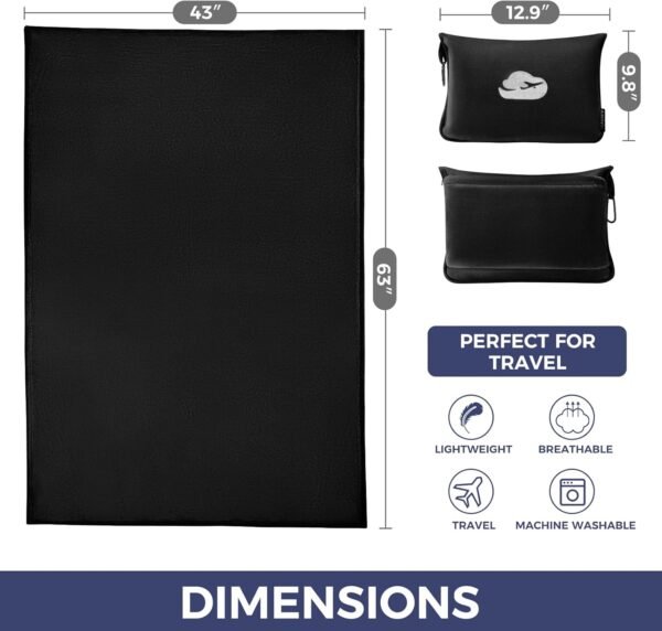 Travel Blanket Pillow with Pockets, Airplane Blanket Set, Plane Blanket Compact Packable, Flight Essentials Car Pillow - Travel Essentials Gift for Women and Men on Airplanes - Black - Image 2