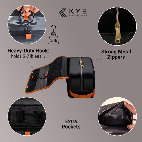 Leather Hanging Travel Toiletry Bag for Men with Removable Cover and Hanging Hook - Dopp Kit for men - Makeup Bag Organizer for Women for all your Travel Essentials - Image 4