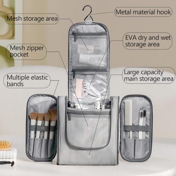Hanging Travel Toiletry Bag for Women and Men Travel Makeup Bag Cosmetic Organizer Bathroom & Shower Organizer Kit for Accessories, Cosmetics, Travel Essentials (Grey) - Image 4