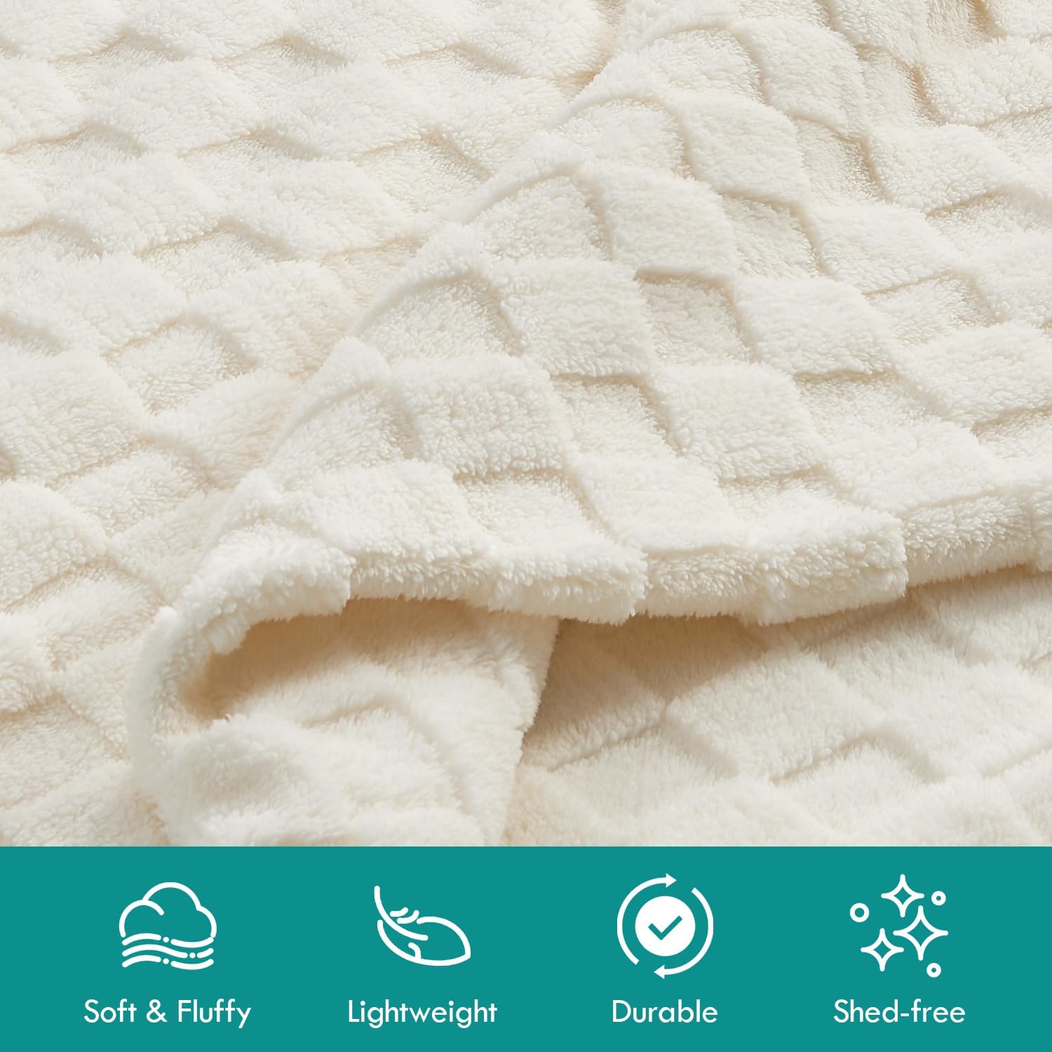 Kaisa Soft Cozy Fall Blankets, Premium Fleece 3D Checkered Blanket for Couch Sofa Bed, Lightweight Plush Cozy Warm Throws for Travel Office Home Decor, Cute Blankets, 50"x60", Cream White - Image 3