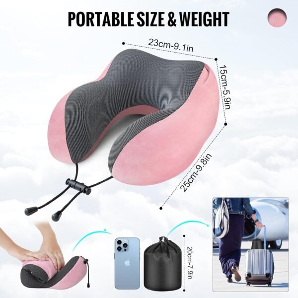 Travel Pillow, Neck Pillow for Travel with Hood for Airplane, Velvet Memory Foam Neck Pillow Women Lady Head & Neck Support, for Long Flights Plane, Office, Cars Sleeping & Rest (Pink) - Image 6