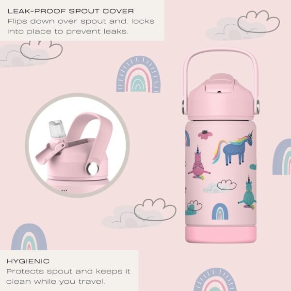 Hippypotamus Kids Water Bottle - Vacuum Insulated Stainless Steel Thermos Bottle With Straw Lid & Soft Spout For Toddlers & Kids - 12 oz (Pink Unicorn) - Image 2