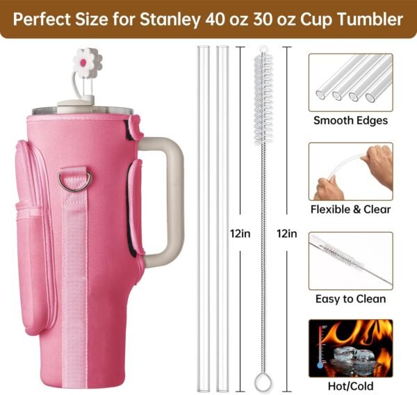 Water Bottle Carrier Bag with Phone Pocket for Stanley 40 oz Tumbler Neoprene Water Bottle Sling Sleeve Holder for Stanley Cup Accessories with 1 Straw Cover & 2 Straws & 1 Brushes (Pink) - Image 5