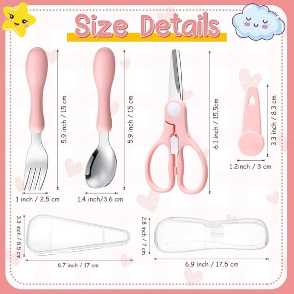 3 Pieces Toddler Utensils with Case 1 Pcs Toddler Fork and Spoon 1 Pcs Baby Food Scissor with Safety Lock Stainless Steel Baby Silverware Set Toddler Travel Essential for Safe Dining (Pink) - Image 2