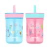 Contigo Leighton Kids Plastic Water Bottles, Spill-Proof Tumblers with Straw, Dishwasher Safe, 14oz 2-Pack in Blue Raspberry/Butterflies & Azalea/Llamas Themes - Ideal for Toddlers and Older Kids