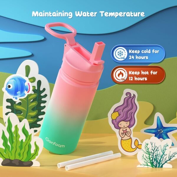 Kids Water Bottle, 16oz Kids Water Bottle with Stickers for School, insulated Stainless Steel Straw Cup, Gifts for Boys(Pink/Green) - Image 5