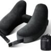 Neck Pillow for Travel Inflatable Airplane Pillow Comfortably Supports Head, Neck and Chin, Inflatable Travel Pillow with Soft Velour Cover and Portable Drawstring Bag (Black)