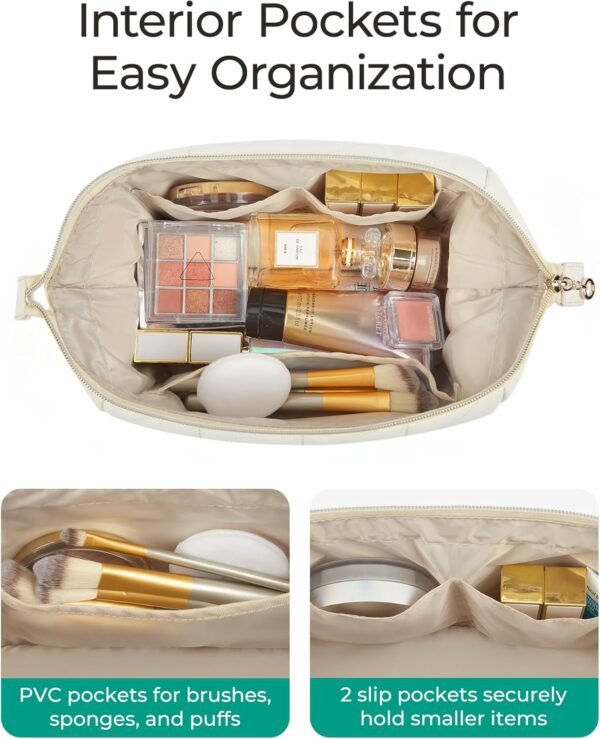 BAGSMART Travel Makeup Bag, PU Leather Makeup Bag Organizer, Large Capacity Make Up Bag, Cosmetic Bags for Women, Wide-open Makeup Pouch for Travel Essentials, Bottles, Brushes (Brown) - Image 2