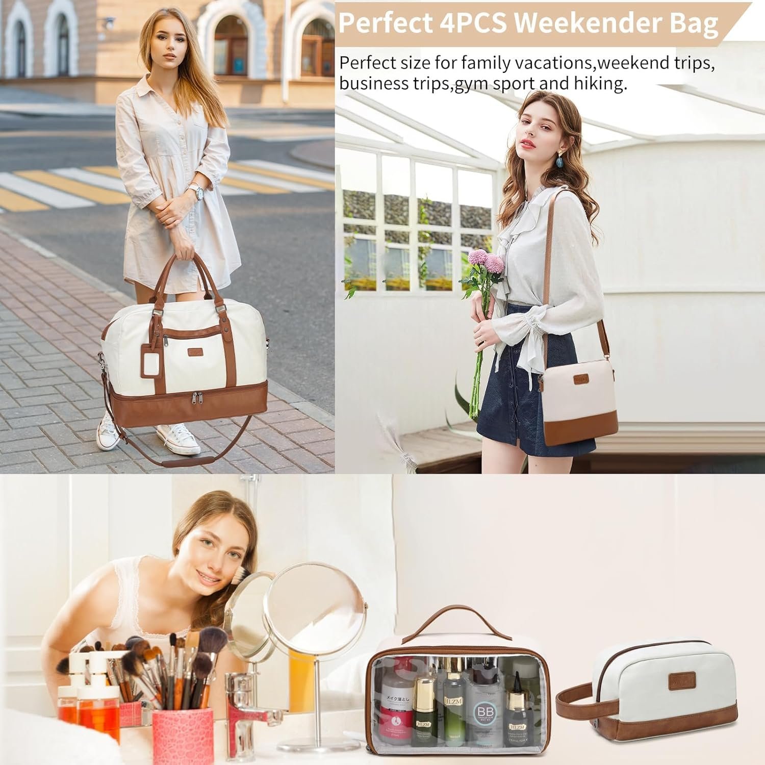 Wogarl 4PCS Weekender Bags for Women Large Overnight Bag Weekend Travel Duffel Bag Carry on Shoulder with Shoe Compartment Canvas Toiletry Bag for Travel Business Gym,Beige - Image 2