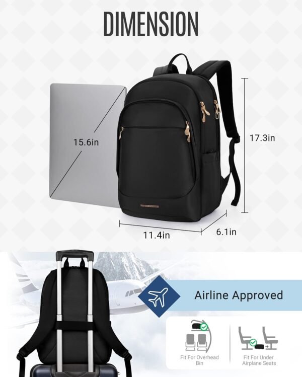 LIGHT FLIGHT Travel Backpack for Women, 15.6 Inch Anti Theft Laptop Backpack with USB Charging Hole, Water Resistant College Bookbag, Large Capacity Black Computer Backpacks for Work, Black - Image 3