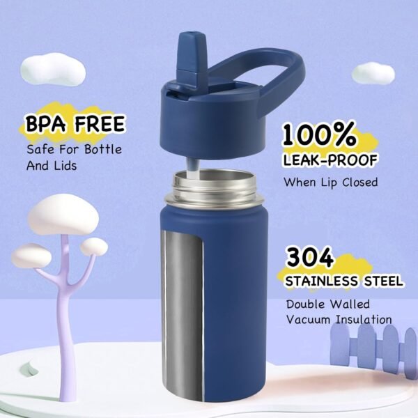 12oz Kids Water Bottle for School Boys&Girls, Leak-Proof Toddler Water Bottle, Stainless Steel Vacuum Insulated Bottle with Straws Lids, Navy blue - Image 3