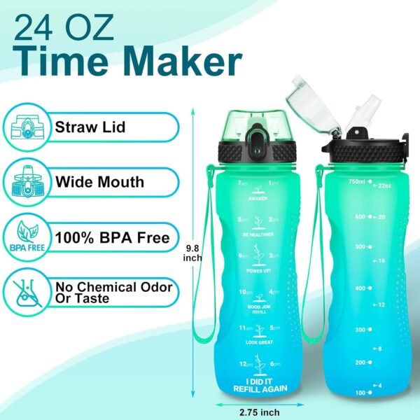 24 OZ Motivational Kids Water Bottle With Time Marker,Straw Lid,Leak Proof, Tritan BPA Free Sports Water Bottle Green-Blue(1 Lid) - Image 2