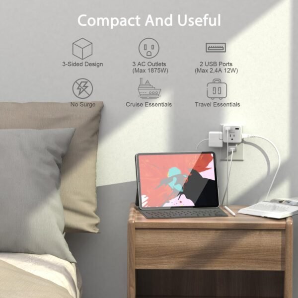 Cruise Essentials, Travel Power Strip with 3 Outlets and 2 USB Ports, Cruise Accessories Must Haves, Travel Essentials, Non Surge Protector for Cruise Ship, Travel, Home Office, ETL Listed, White - Image 2