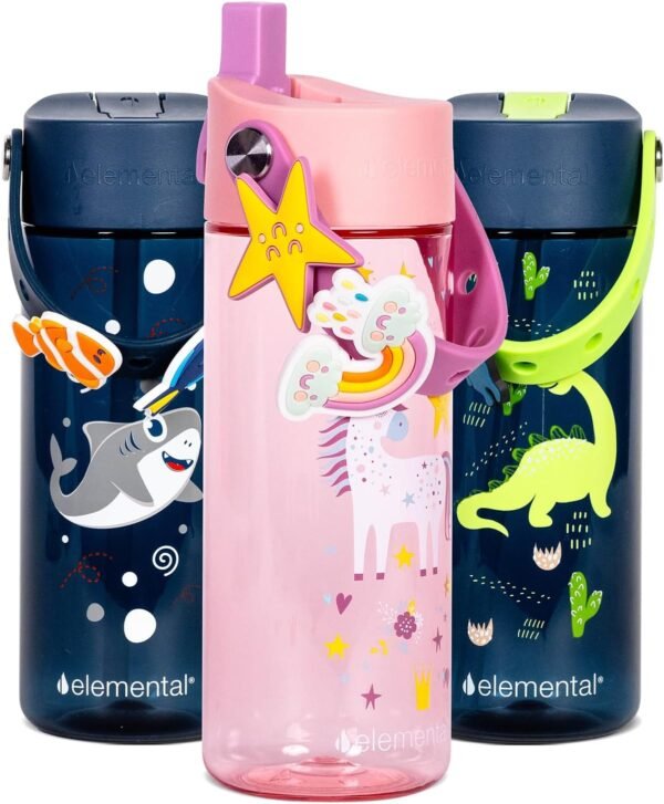 Elemental Leak Proof Water Bottles for Kids - Splash Kids Water Bottle for School with Fun Charm Handle - BPA Free Tritan Plastic Reusable Water Bottle with Straw - Unicorn Dream - 18oz