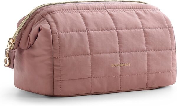 BAGSMART Makeup Bag Travel Cosmetic Bag, Puffy Padded Make Up Bags for Women Makeup Organizer Case, Wide-open Pouch Purse Travel Essentials Toiletries Accessories Brushes, Dark Pink