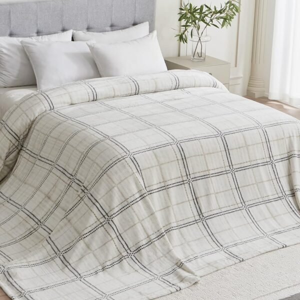 Soft Cozy 120x120 Inches Seamless Oversized King Fleece Blanket, Line Pattern Giant Huge, Extra Large 10'x10' Blanket California King Blanket for Sofa, Family, Travel, Line Ivory Grey - Image 3
