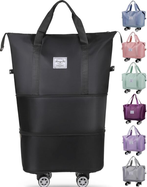 Expandable Duffle Bag, Folding Travel Bag with Wheels, Weekender Travel Bag for Carry-On, Tote Bag with Storage Space，Large Luggage Bag for Business Trips, Camping, Fitness (Black)