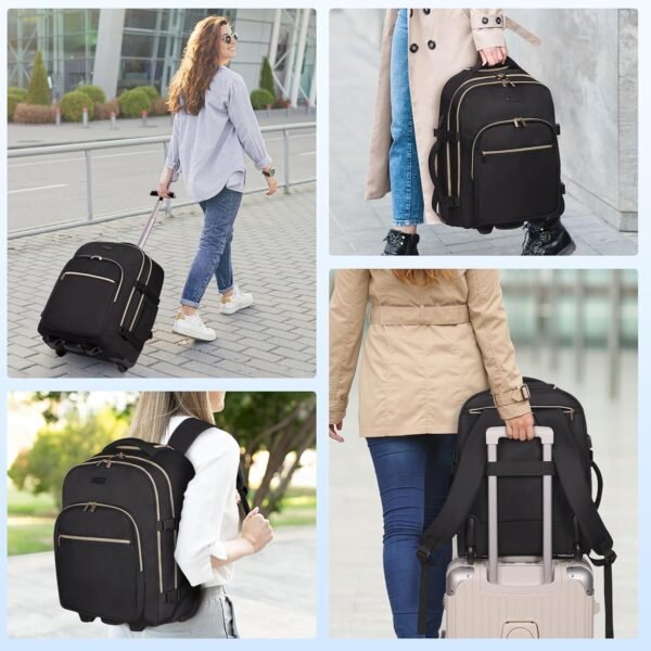Rolling Backpack for Women, 17Inch Laptop Travel Backpack with Wheels, Under Seat Carry on Luggage Airplane, Overnight Business Trolley Backpack Bag (Elegant Black) (In Patent) - Image 6