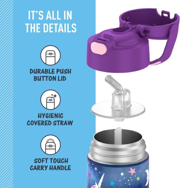 THERMOS FUNTAINER Water Bottle with Straw - 12 Ounce, Space Unicorn - Kids Stainless Steel Vacuum Insulated Water Bottle with Lid - Image 4