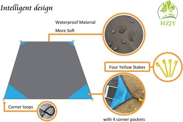 Outdoor Blanket (71" x 55") -Compact, Lightweight, Sand Proof Pocket Blanket Best Mat for The Beach, Hiking, Travel, Camping, Festivals with Pockets, Loops, Stakes, Carabiner - Image 2