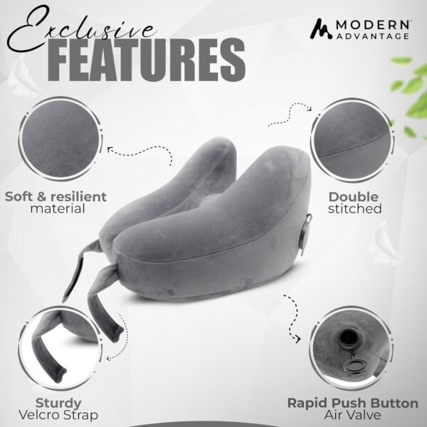 Modern Advantage Inflatable Travel Neck Pillow - Traveling Support for Head, Neck, Chin, and Shoulder When Sleeping on Airplane, Train, Car, Bus - Compact, Easy to Inflate and Deflate (Gray) - Image 3