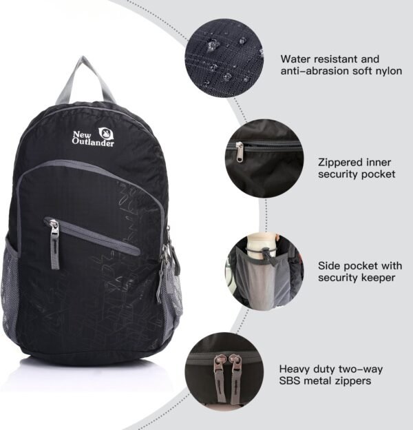 Outlander Packable Handy Lightweight Travel Hiking Backpack Daypack, Black - Image 3