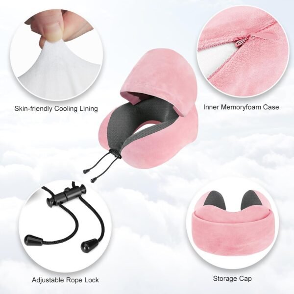 Travel Pillow, Neck Pillow for Travel with Hood for Airplane, Velvet Memory Foam Neck Pillow Women Lady Head & Neck Support, for Long Flights Plane, Office, Cars Sleeping & Rest (Pink) - Image 7