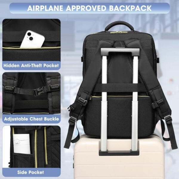 Large Carry On Travel Backpack - Flight Approved Waterproof Anti-Theft Luggage Daypack for Women Men Fit 17 Inch Laptop Business Weekender Overnight Backpack College Bag Personal Item Size Black - Image 6