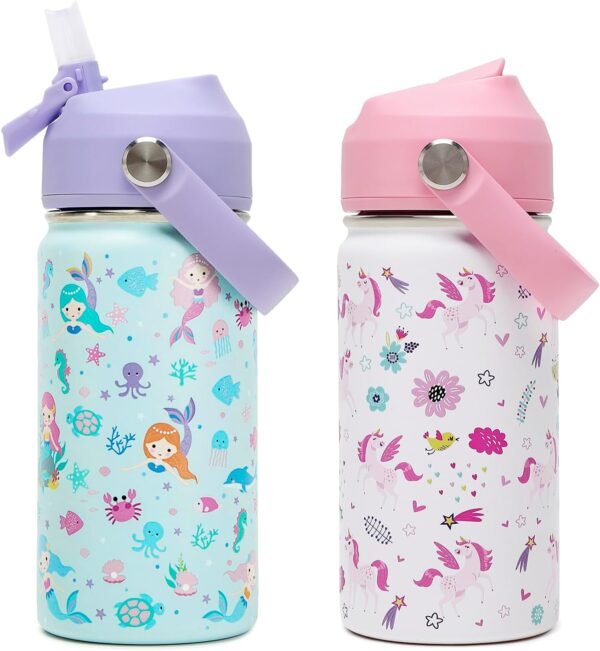 Kids Insulated Water Bottle with Straw Lid, 14oz Double Wall Vacuum 18/8 Stainless Steel Kids Tumbler, BPA-FREE Leak Proof Toddler Metal Water Bottle Kids Cups for School Travel Boys Girls