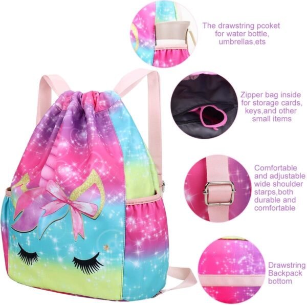 RHCPFOVR Drawstring Backpack for Kids - Unicorn Bags for Girls Mini Gym Dance Beach Swim Travel Bag With Two Water Bottle Holder - Image 3
