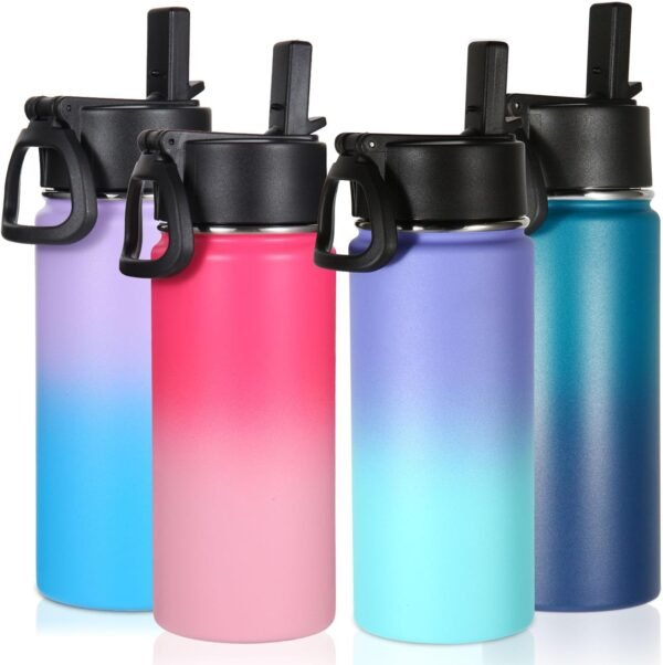 Volhoply 16oz Kids Multic Gradient Color Insulated Stainless Steel Water Bottle with Straw Lid,Double Wall Thermos for School with Handle,Reusable BPA-free Children Travel Flask(Assorted,4 Pack)