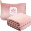 Excervent Travel Blanket 2 in 1 Soft Flannel Airplane Throw Blankets in Soft Bag Pillow case with Hand Luggage Belt, 65x40inch, Pink
