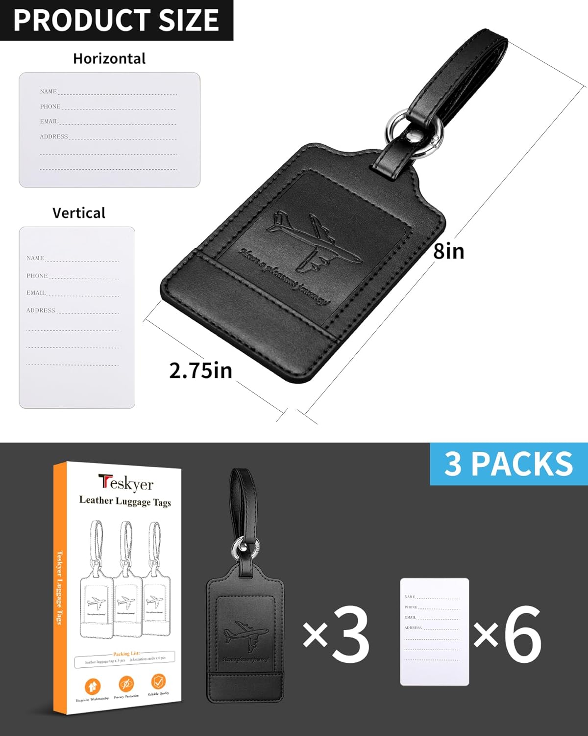 Teskyer Luggage Tags, 3 Pack Premium PU Leather Luggage Tags for Suitcases, Privacy Protection Bag Tags Travel Essentials, Black - Image 7
