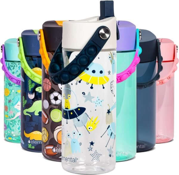 Elemental Leak Proof Water Bottles for Kids - Splash Kids Water Bottle for School with Fun Fidget Pop-it Handle - BPA Free Tritan Plastic Reusable Water Bottle with Straw - Alien Invasion - 18oz