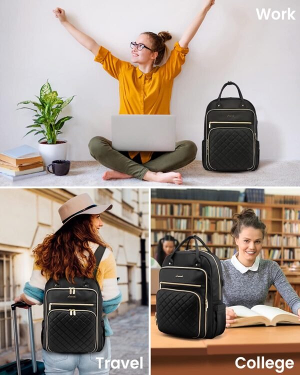 LOVEVOOK Laptop Backpack for Women, 15.6 Inch, Black, Quilted Commuter Backpack with USB Charging Port, Water Resistant, Lightweight Travel Work Backpack - Image 2