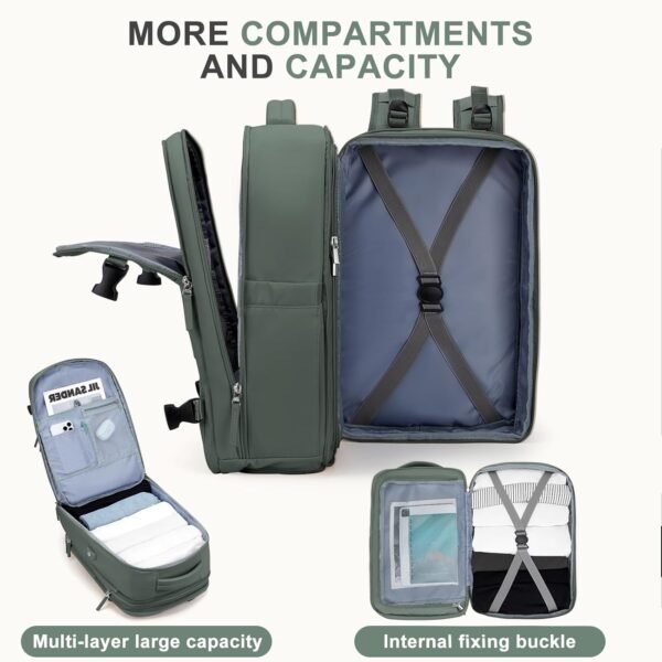 Large Travel Backpack For Women Men, Carry On Backpack,Hiking Backpack Waterproof Outdoor Sports Rucksack Casual Daypack Fit 15.6 Inch Laptop with USB Charging Port Shoes Compartment Olive Green EX - Image 7
