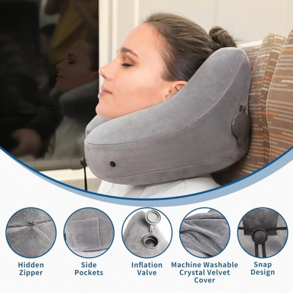 Inflatable Travel Pillows for Airplanes，Inflatable Neck Pillow，Travel Pillow With Hood，Inflatable Travel Pillow，Support Head Airplane Pillow, Travel Essentials For Plane Car Train Sleeping (Grey) - Image 4