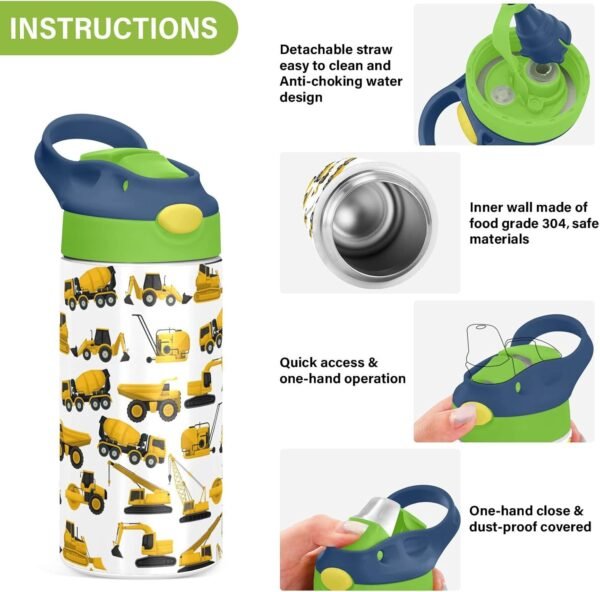 Stainless Steel Water Bottle for kids- 12 Ounce Stainless Steel Vacuum Insulated Water Bottle for Kids children,Double Wall Vacuum Insulated Bottles (Construction Truck Excavator Bulldozer) - Image 5