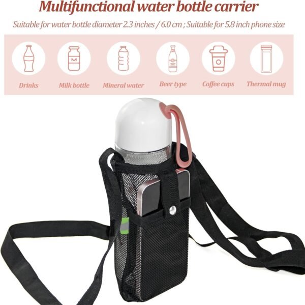 2PCS Water Bottle Carrier Bag - Convenient Holder with Strap and Pocket for Hiking, Walking, and Travel (Black, S) - Image 5