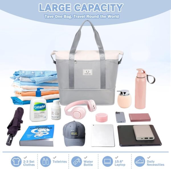 Overnight Bag, Expandable Travel Bag with Trolly Sleeve and Laptop Sleeve, Dry Wet Separated Pocket Weekender Gym Bag - Image 9