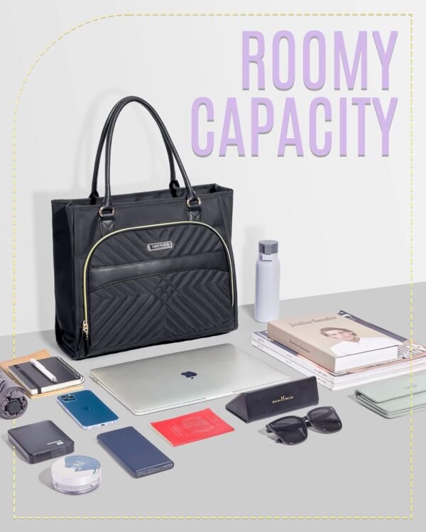 LIGHT FLIGHT Tote Bag for Women, Top Handle Handbag 15.6 inch Laptop Bag Quilted Tote With Pocket Black Totes for Work Bag - Image 4