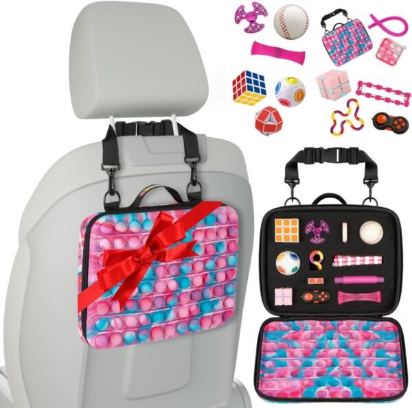 Travel Fidget Case Set with 12 Fidget Toys, Road Trip Activities for Kids, Airplane Must Haves for Kids, Sensory Toys for Kids, Kids Travel, Car Travel Essentials for Long Trips (Pink)