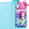 12oz Kids Insulated Water Bottle, Leak-proof Cup With Straws Lids, Kids Water Bottles For School Boys Girls, Stainless Steel Vacuum Insulated Bottle For Kids Children (Mermaid)