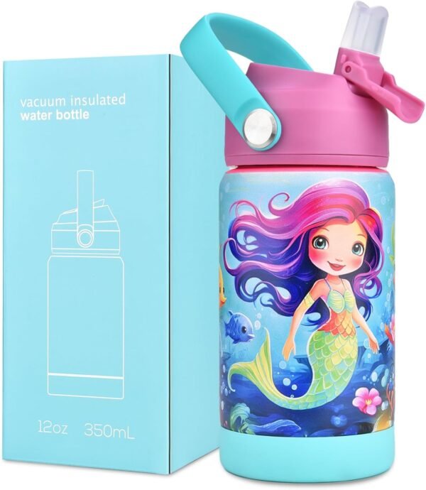 12oz Kids Insulated Water Bottle, Leak-proof Cup With Straws Lids, Kids Water Bottles For School Boys Girls, Stainless Steel Vacuum Insulated Bottle For Kids Children (Mermaid)