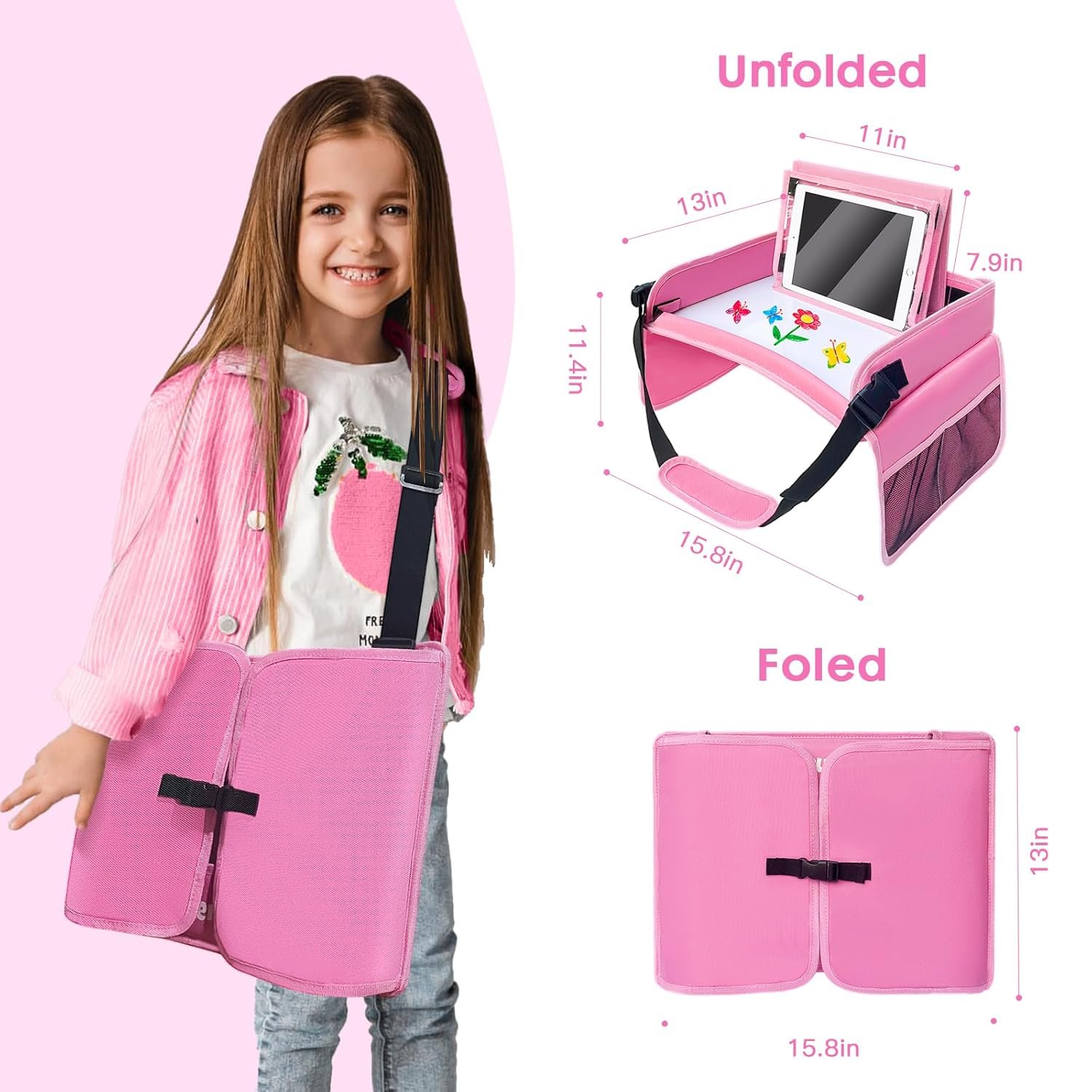 BUENAVO Kids Travel Tray Car Seat Organizer for Kids Toddlers Activities in Car Seat Travel and Road Trip Essentials Kids Pink - Image 6